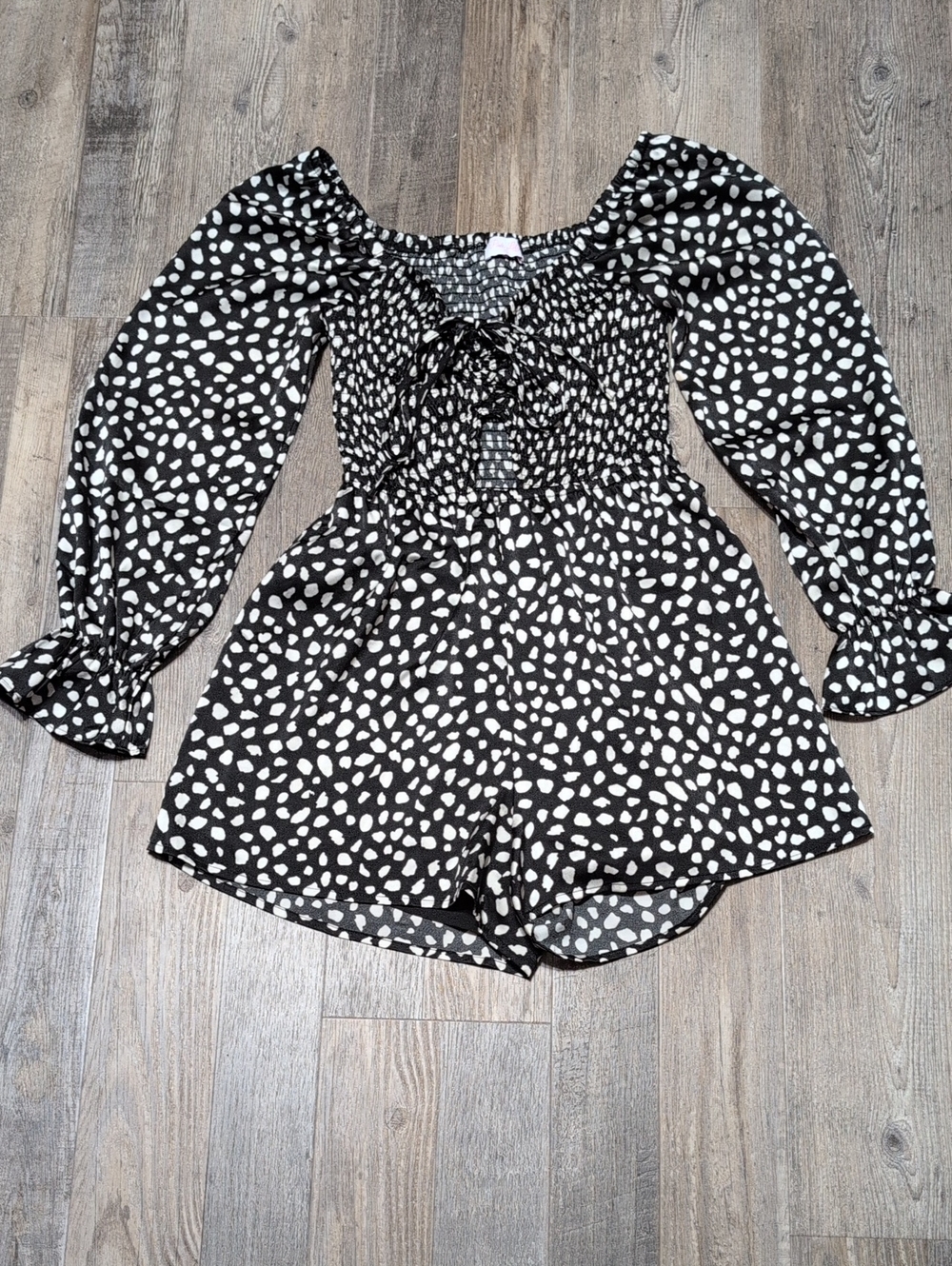 Pink Lily Black and White Smocked Long Sleeve Romper Dress/Skort